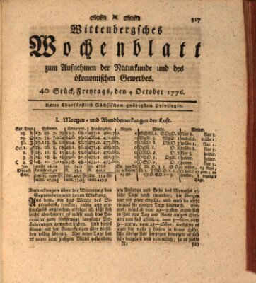 Wittenbergsches Wochenblatt zum Aufnehmen der Naturkunde und des ökonomischen Gewerbes Freitag 4. Oktober 1776