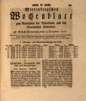 Wittenbergsches Wochenblatt zum Aufnehmen der Naturkunde und des ökonomischen Gewerbes Freitag 25. Oktober 1776