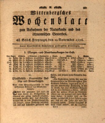 Wittenbergsches Wochenblatt zum Aufnehmen der Naturkunde und des ökonomischen Gewerbes Freitag 29. November 1776