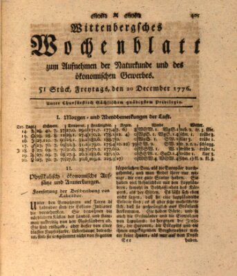 Wittenbergsches Wochenblatt zum Aufnehmen der Naturkunde und des ökonomischen Gewerbes Freitag 20. Dezember 1776