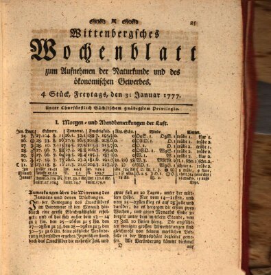 Wittenbergsches Wochenblatt zum Aufnehmen der Naturkunde und des ökonomischen Gewerbes Freitag 31. Januar 1777