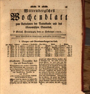 Wittenbergsches Wochenblatt zum Aufnehmen der Naturkunde und des ökonomischen Gewerbes Freitag 21. Februar 1777