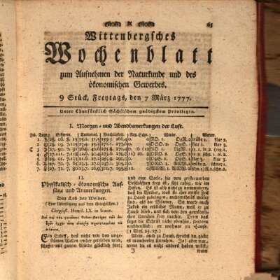Wittenbergsches Wochenblatt zum Aufnehmen der Naturkunde und des ökonomischen Gewerbes Friday 7. March 1777