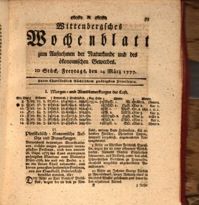 Wittenbergsches Wochenblatt zum Aufnehmen der Naturkunde und des ökonomischen Gewerbes Freitag 14. März 1777