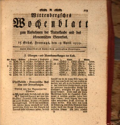 Wittenbergsches Wochenblatt zum Aufnehmen der Naturkunde und des ökonomischen Gewerbes Freitag 18. April 1777