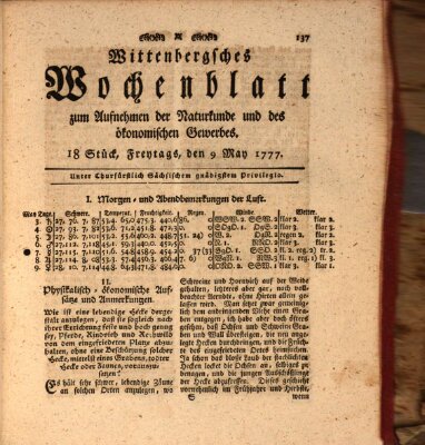 Wittenbergsches Wochenblatt zum Aufnehmen der Naturkunde und des ökonomischen Gewerbes Freitag 9. Mai 1777