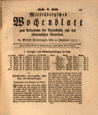 Wittenbergsches Wochenblatt zum Aufnehmen der Naturkunde und des ökonomischen Gewerbes Freitag 20. Juni 1777