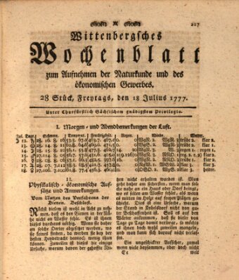 Wittenbergsches Wochenblatt zum Aufnehmen der Naturkunde und des ökonomischen Gewerbes Freitag 18. Juli 1777