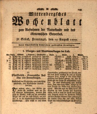 Wittenbergsches Wochenblatt zum Aufnehmen der Naturkunde und des ökonomischen Gewerbes Friday 15. August 1777
