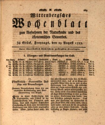 Wittenbergsches Wochenblatt zum Aufnehmen der Naturkunde und des ökonomischen Gewerbes Freitag 29. August 1777