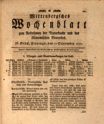 Wittenbergsches Wochenblatt zum Aufnehmen der Naturkunde und des ökonomischen Gewerbes Freitag 12. September 1777