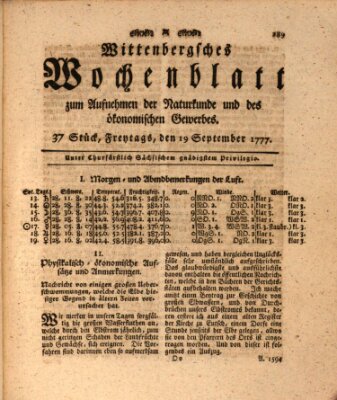 Wittenbergsches Wochenblatt zum Aufnehmen der Naturkunde und des ökonomischen Gewerbes Freitag 19. September 1777