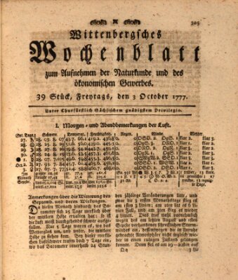 Wittenbergsches Wochenblatt zum Aufnehmen der Naturkunde und des ökonomischen Gewerbes Freitag 3. Oktober 1777