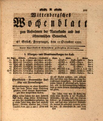 Wittenbergsches Wochenblatt zum Aufnehmen der Naturkunde und des ökonomischen Gewerbes Freitag 17. Oktober 1777