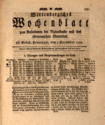 Wittenbergsches Wochenblatt zum Aufnehmen der Naturkunde und des ökonomischen Gewerbes Freitag 5. Dezember 1777