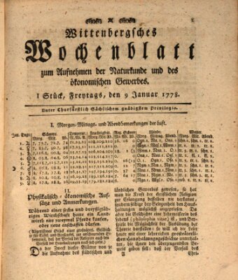 Wittenbergsches Wochenblatt zum Aufnehmen der Naturkunde und des ökonomischen Gewerbes Freitag 9. Januar 1778