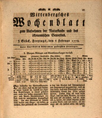 Wittenbergsches Wochenblatt zum Aufnehmen der Naturkunde und des ökonomischen Gewerbes Freitag 6. Februar 1778