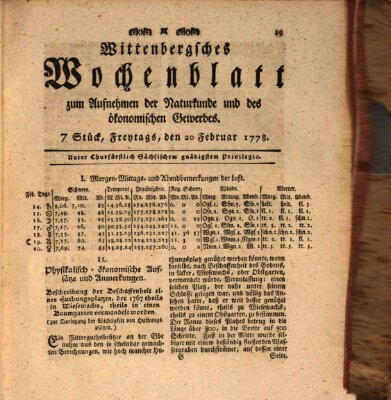 Wittenbergsches Wochenblatt zum Aufnehmen der Naturkunde und des ökonomischen Gewerbes Freitag 20. Februar 1778