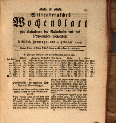 Wittenbergsches Wochenblatt zum Aufnehmen der Naturkunde und des ökonomischen Gewerbes Freitag 27. Februar 1778