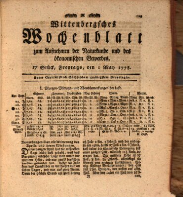 Wittenbergsches Wochenblatt zum Aufnehmen der Naturkunde und des ökonomischen Gewerbes Freitag 1. Mai 1778