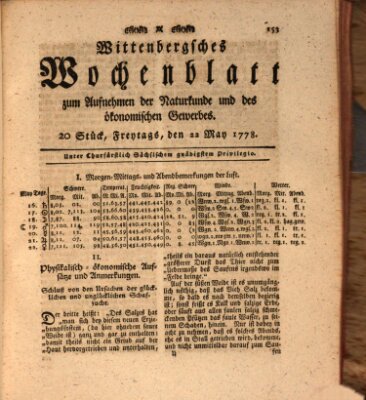 Wittenbergsches Wochenblatt zum Aufnehmen der Naturkunde und des ökonomischen Gewerbes Freitag 22. Mai 1778