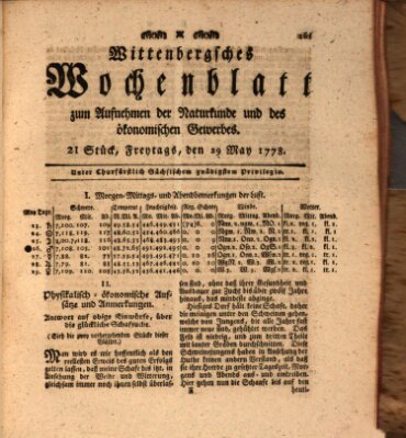 Wittenbergsches Wochenblatt zum Aufnehmen der Naturkunde und des ökonomischen Gewerbes Freitag 29. Mai 1778