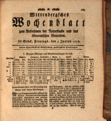 Wittenbergsches Wochenblatt zum Aufnehmen der Naturkunde und des ökonomischen Gewerbes Freitag 5. Juni 1778