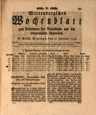 Wittenbergsches Wochenblatt zum Aufnehmen der Naturkunde und des ökonomischen Gewerbes Freitag 26. Juni 1778