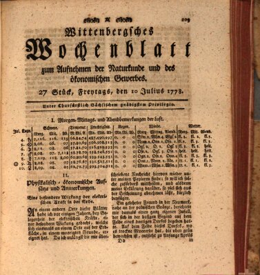 Wittenbergsches Wochenblatt zum Aufnehmen der Naturkunde und des ökonomischen Gewerbes Freitag 10. Juli 1778