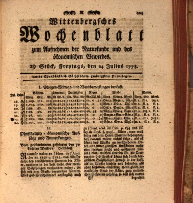 Wittenbergsches Wochenblatt zum Aufnehmen der Naturkunde und des ökonomischen Gewerbes Freitag 24. Juli 1778