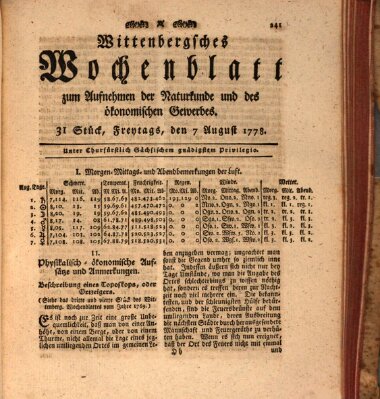 Wittenbergsches Wochenblatt zum Aufnehmen der Naturkunde und des ökonomischen Gewerbes Freitag 7. August 1778