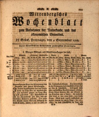 Wittenbergsches Wochenblatt zum Aufnehmen der Naturkunde und des ökonomischen Gewerbes Freitag 4. September 1778