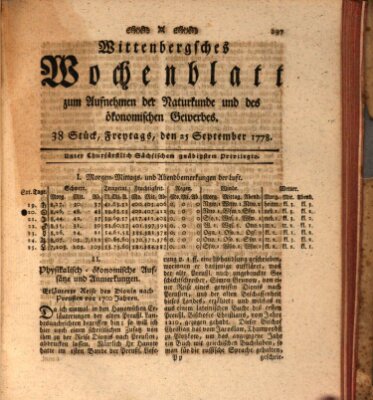 Wittenbergsches Wochenblatt zum Aufnehmen der Naturkunde und des ökonomischen Gewerbes Freitag 25. September 1778