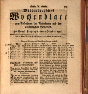 Wittenbergsches Wochenblatt zum Aufnehmen der Naturkunde und des ökonomischen Gewerbes Freitag 9. Oktober 1778