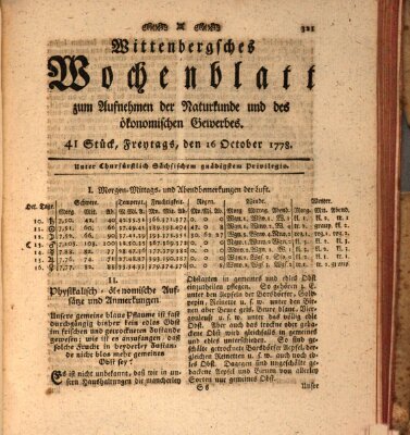 Wittenbergsches Wochenblatt zum Aufnehmen der Naturkunde und des ökonomischen Gewerbes Freitag 16. Oktober 1778