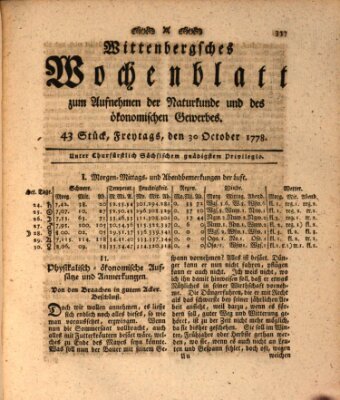 Wittenbergsches Wochenblatt zum Aufnehmen der Naturkunde und des ökonomischen Gewerbes Freitag 30. Oktober 1778