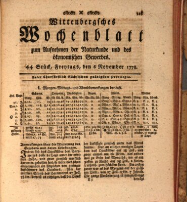 Wittenbergsches Wochenblatt zum Aufnehmen der Naturkunde und des ökonomischen Gewerbes Friday 6. November 1778