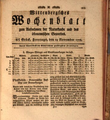 Wittenbergsches Wochenblatt zum Aufnehmen der Naturkunde und des ökonomischen Gewerbes Freitag 13. November 1778