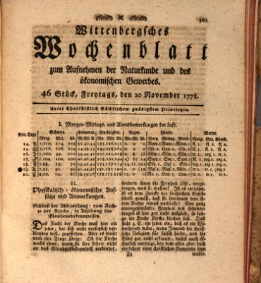 Wittenbergsches Wochenblatt zum Aufnehmen der Naturkunde und des ökonomischen Gewerbes Freitag 20. November 1778