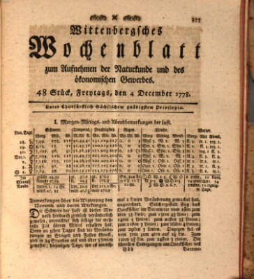 Wittenbergsches Wochenblatt zum Aufnehmen der Naturkunde und des ökonomischen Gewerbes Freitag 4. Dezember 1778