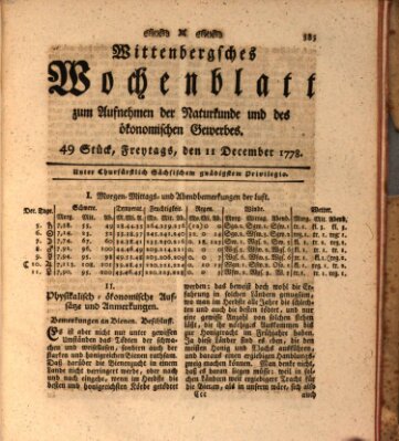 Wittenbergsches Wochenblatt zum Aufnehmen der Naturkunde und des ökonomischen Gewerbes Freitag 11. Dezember 1778