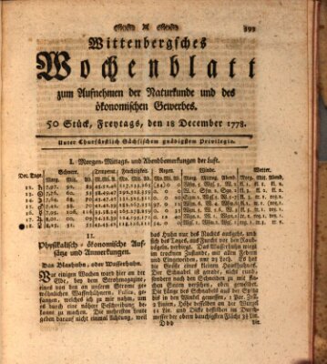 Wittenbergsches Wochenblatt zum Aufnehmen der Naturkunde und des ökonomischen Gewerbes Freitag 18. Dezember 1778