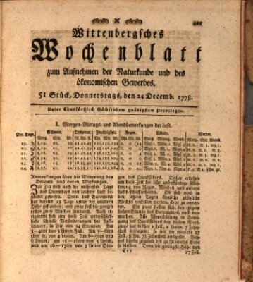 Wittenbergsches Wochenblatt zum Aufnehmen der Naturkunde und des ökonomischen Gewerbes Donnerstag 24. Dezember 1778