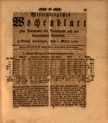 Wittenbergsches Wochenblatt zum Aufnehmen der Naturkunde und des ökonomischen Gewerbes Freitag 5. März 1779