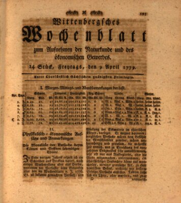 Wittenbergsches Wochenblatt zum Aufnehmen der Naturkunde und des ökonomischen Gewerbes Freitag 9. April 1779