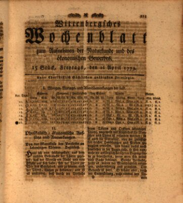 Wittenbergsches Wochenblatt zum Aufnehmen der Naturkunde und des ökonomischen Gewerbes Freitag 16. April 1779