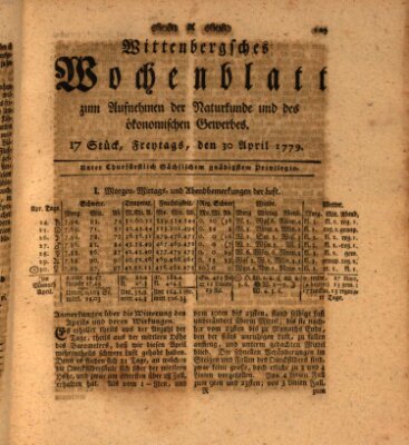 Wittenbergsches Wochenblatt zum Aufnehmen der Naturkunde und des ökonomischen Gewerbes Freitag 30. April 1779