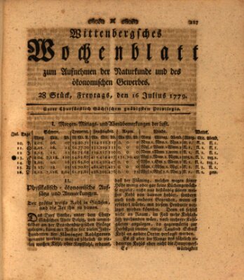 Wittenbergsches Wochenblatt zum Aufnehmen der Naturkunde und des ökonomischen Gewerbes Freitag 16. Juli 1779