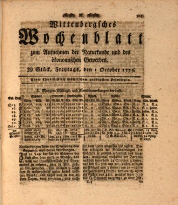 Wittenbergsches Wochenblatt zum Aufnehmen der Naturkunde und des ökonomischen Gewerbes Freitag 1. Oktober 1779