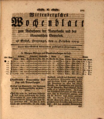 Wittenbergsches Wochenblatt zum Aufnehmen der Naturkunde und des ökonomischen Gewerbes Freitag 15. Oktober 1779